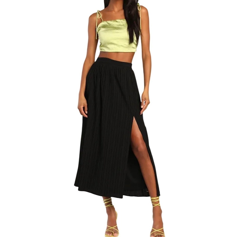 NWT Lulus Midsummer Memories Black Mid-Rise Maxi Skirt L Textured Side Slit